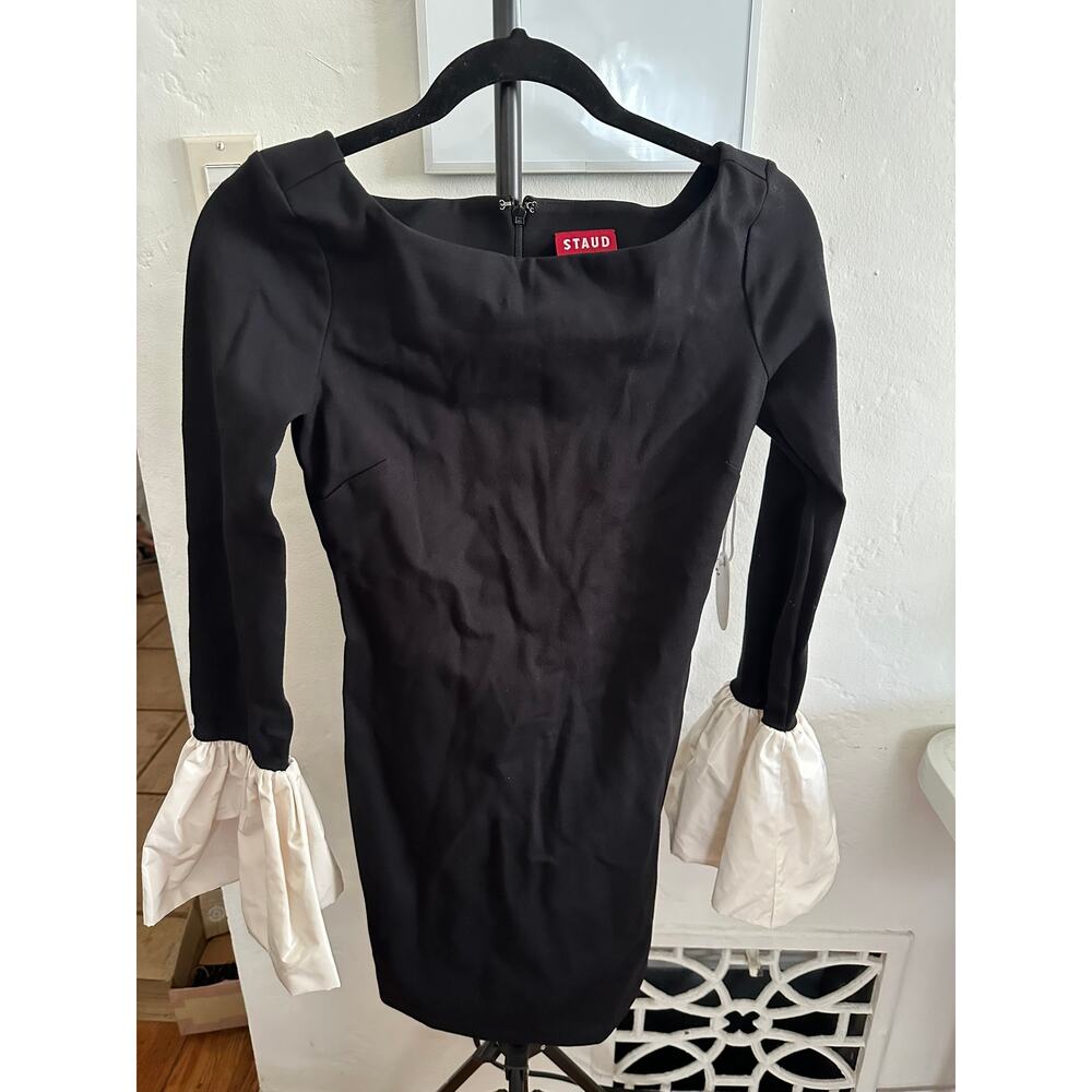STAUD Hawthorne Taffeta-Trimmed Mini Dress Black XS